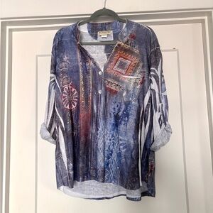 Impulse California Artsy Boho Mixed Print & Sequins 3/4 Roll Tab Sleeve Top Sz L